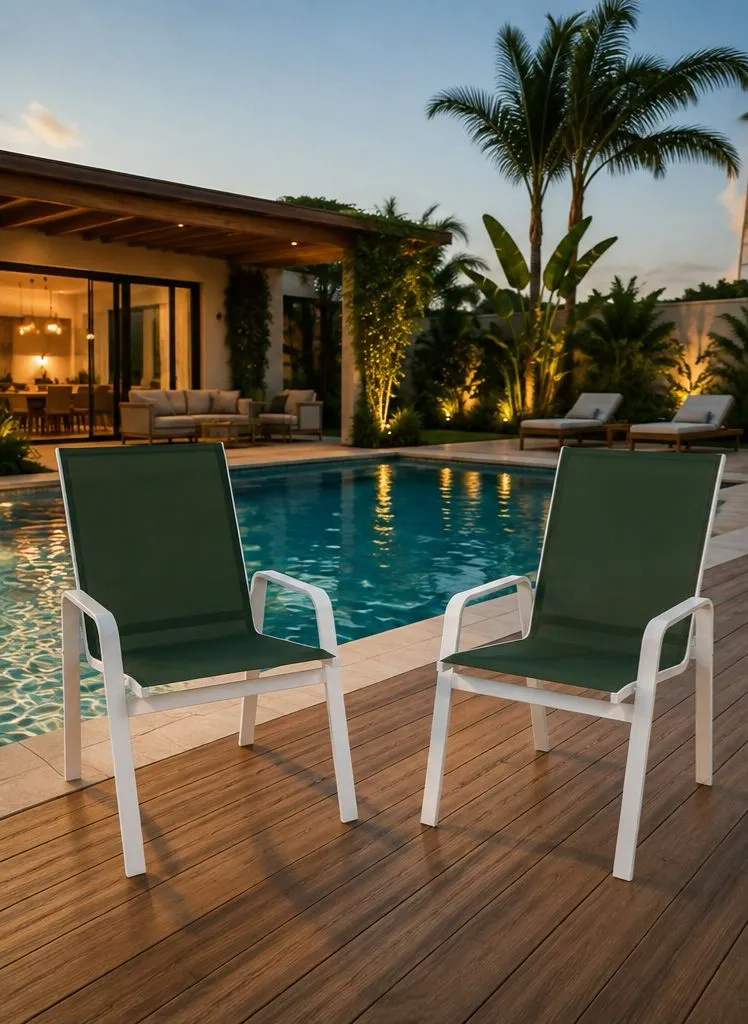 Kit com 4 Cadeiras para Piscina Summer - Alumínio Branco, Tela Sling Verde Escuro | Empilhável