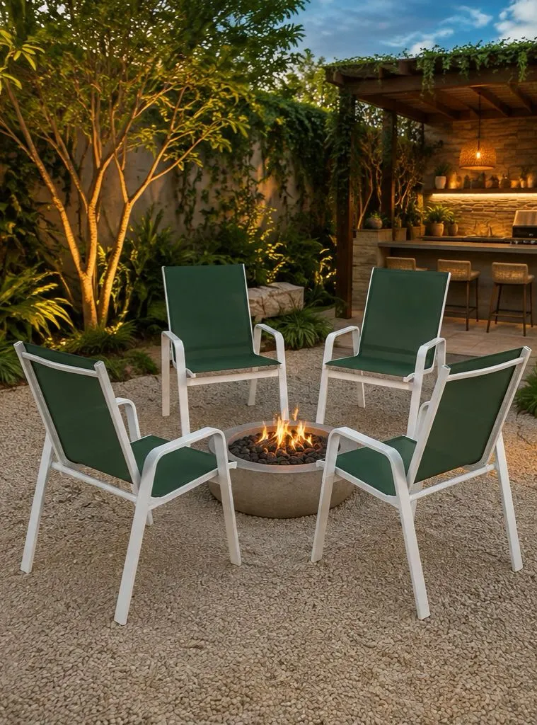Kit com 4 Cadeiras para Piscina Summer - Alumínio Branco, Tela Sling Verde Escuro | Empilhável