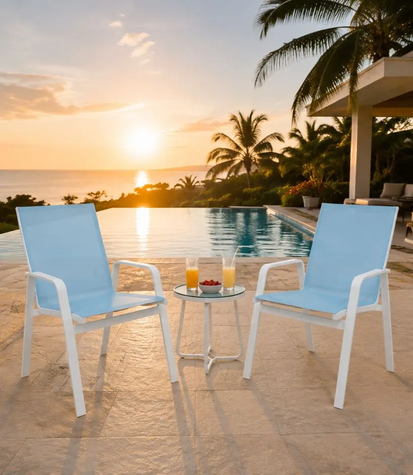 Kit com 6 Cadeiras para Piscina Summer - Alumínio Branco, Tela Sling Azul Claro | Empilhável