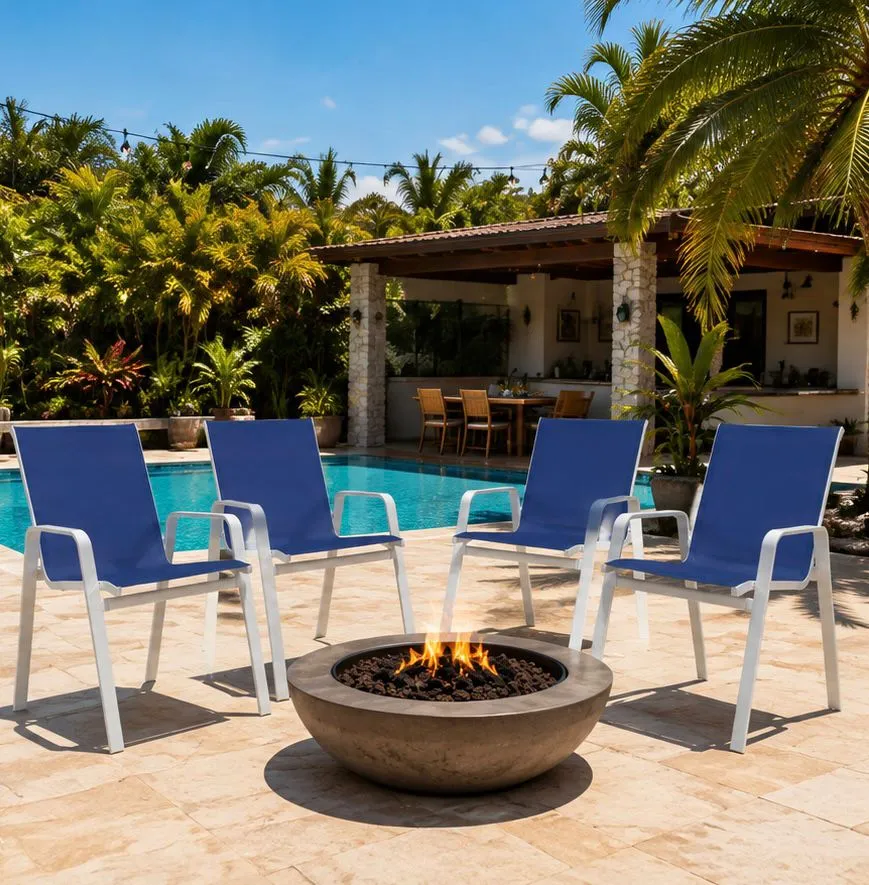 Kit com 6 Cadeiras para Piscina Summer - Alumínio Branco, Tela Sling Azul Escuro | Empilhável