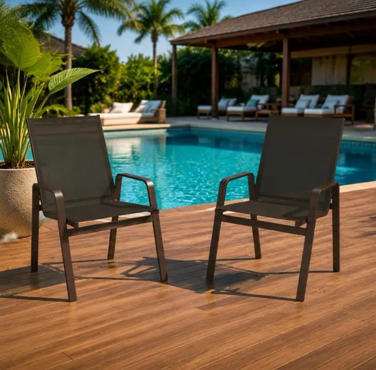 Kit com 6 Cadeiras para Piscina Summer - Alumínio Marrom, Tela Sling Marrom | Empilhável