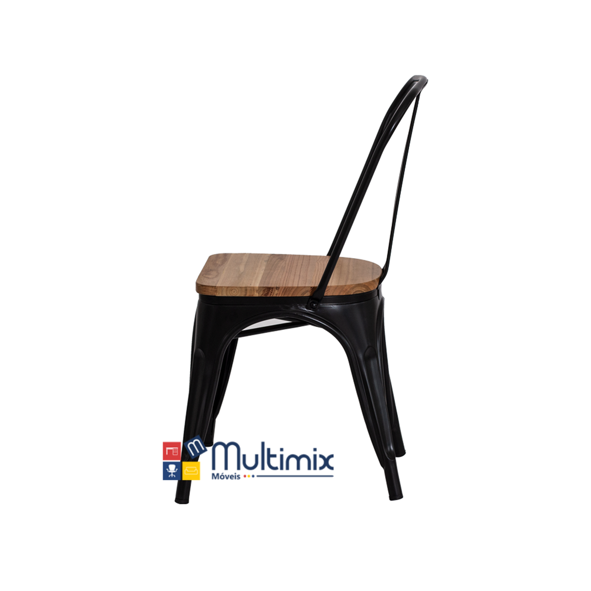 Cadeira Iron Design Preto Fosco com Assento em Madeira