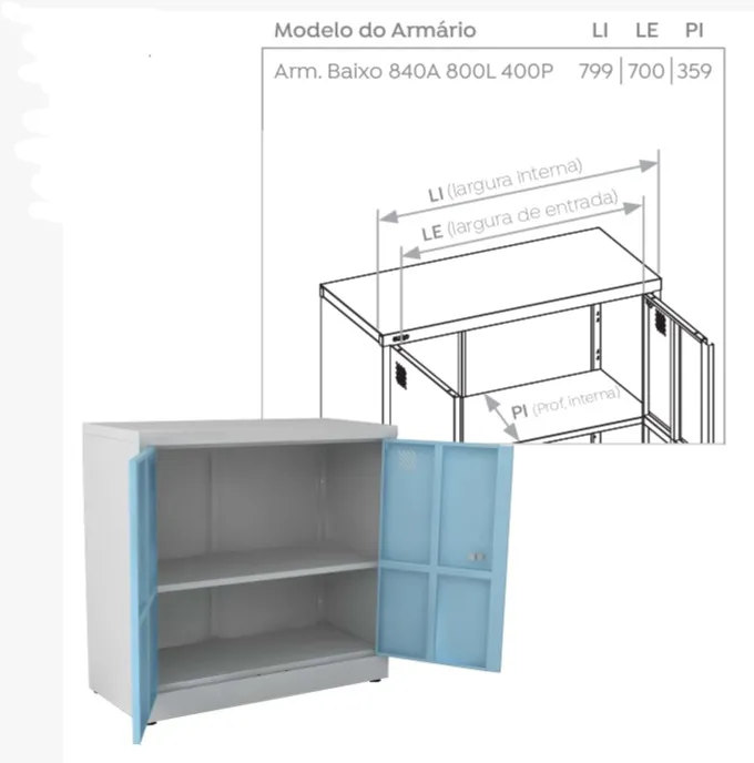 Armário de Aço Baixo com 2 Portas e 1 Prateleira Fixa - Com Fechadura l Chapa 26 - 840(A)X800(L)X400(P)