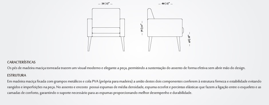 Poltrona Marrocos 1 lugar I Diversas opções de revestimento I Pés em madeira 
