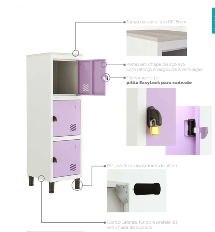 Mini Locker de Aço 3 Portas Pequenas 1/3 | Chapa 26 - Pitão P/ Cadeado - 1220(A)X350(L)X400(P)