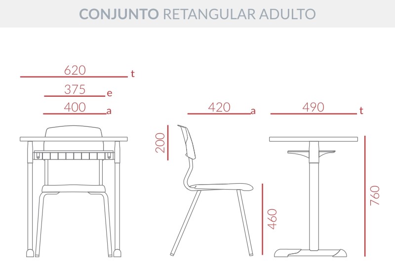 Conjunto Mesa e Cadeira Escolar Retangular Adulto