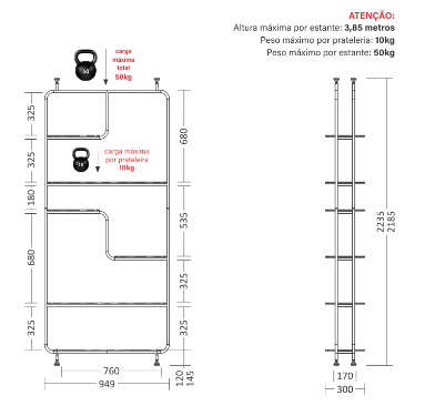 Estante Linha Pix - Larg. 0,95m × Prof. 0,30m × Alt. 2,23 m