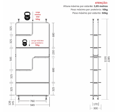 Estante Linha Pix - Larg. 0,95m × Prof. 0,30m × Alt. 2,28 m