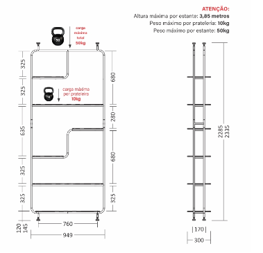 Estante Linha Pix - Larg. 0,95m × Prof. 0,30m × Alt. 2,33m