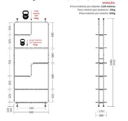 Estante Linha Pix - Larg. 0,95m × Prof. 0,30m × Alt. 2,43m