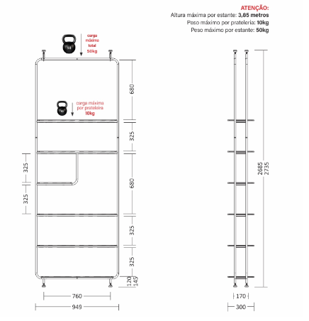 Estante Linha Pix - Larg. 0,95m × Prof. 0,30m × Alt. 2,74m