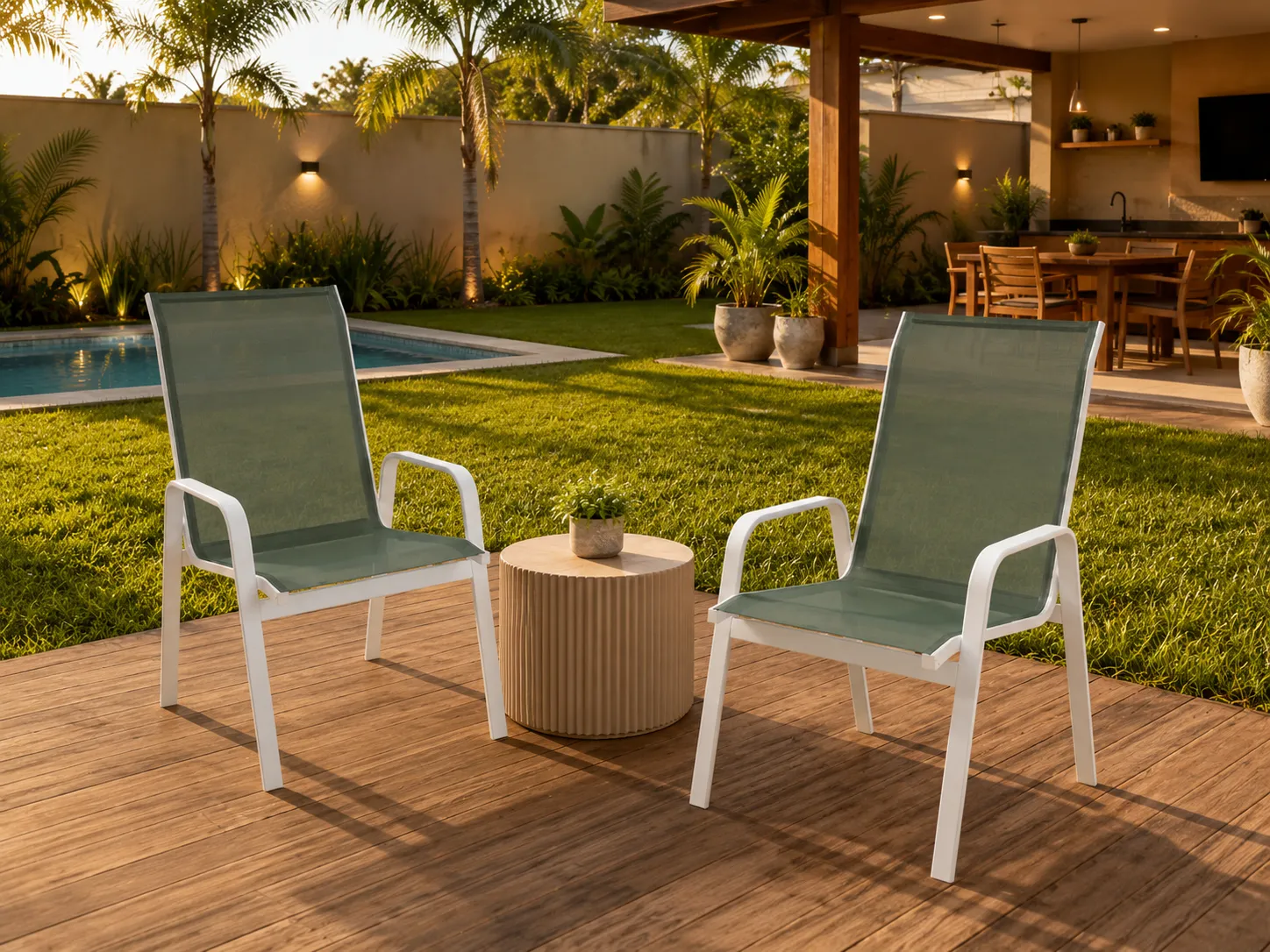 Cadeira para Piscina Summer - Alumínio Branco, Tela Sling Verde | Empilhável