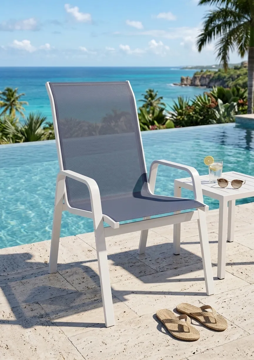 Cadeira para Piscina Summer - Alumínio Branco, Tela Sling Azul Escuro | Empilhável
