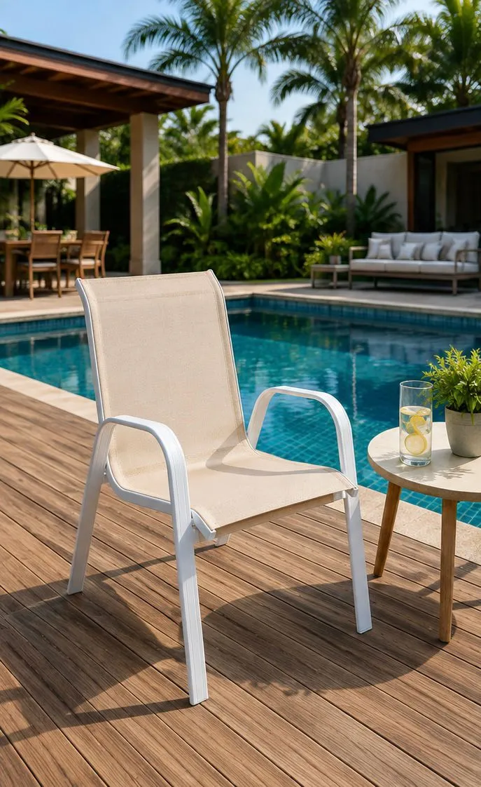 Cadeira para Piscina Summer- Alumínio Branco, Tela Sling Bege Mesclado | Empilhável