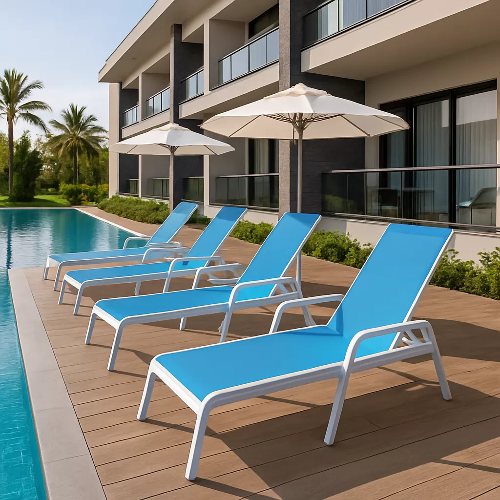 Espreguiçadeira para Piscina Summer - A1umínio Branco, Tela Sling Azul Claro | Empilhável