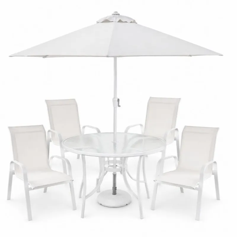 Conjunto Summer Alumínio Branco - Mesa Redonda ø 1,05m + 4 Cadeiras Tela Sling + Ombrelone ø 2,30m - Menor Preço do Brasil