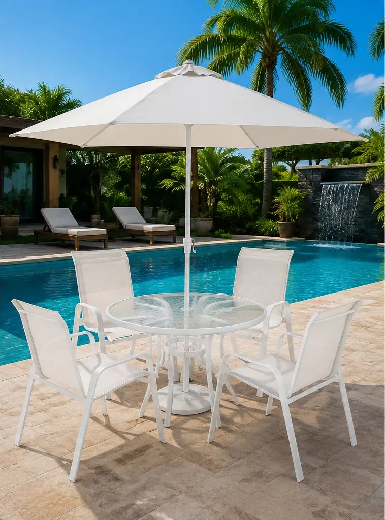 Conjunto Summer Alumínio Branco - Mesa Redonda ø 1,05m + 4 Cadeiras Tela Sling + Ombrelone ø 2,30m - Menor Preço do Brasil