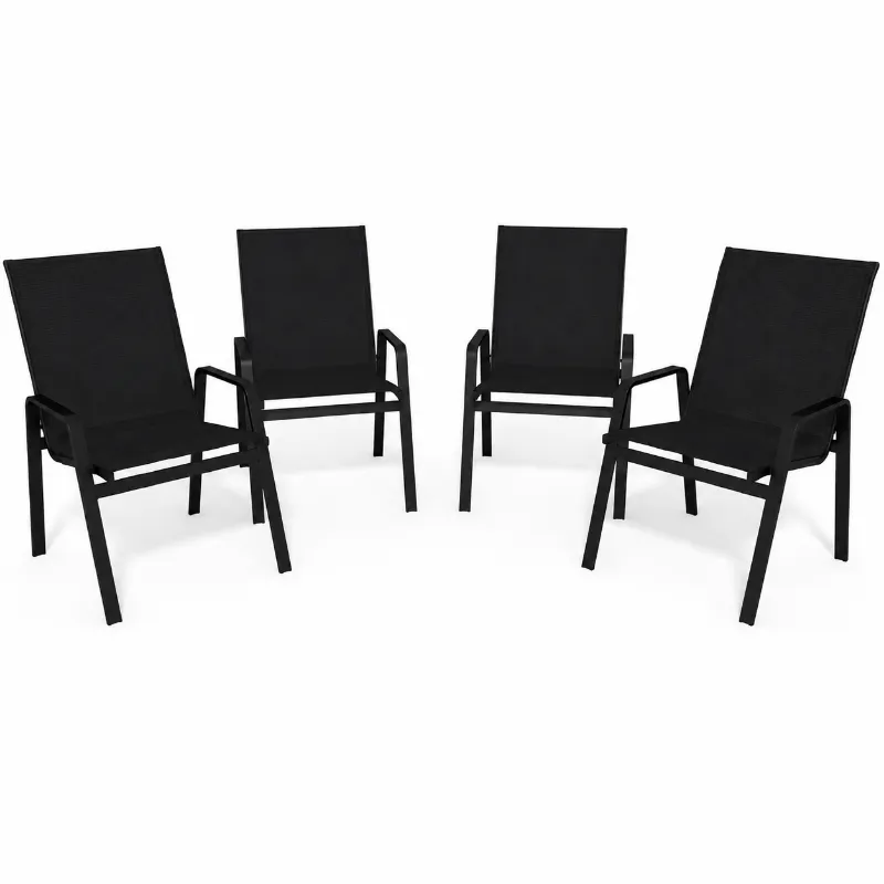 Kit Com 4 Cadeiras Para Piscina Summer - Alumínio Preto, Tela Sling Preta | Empilhável
