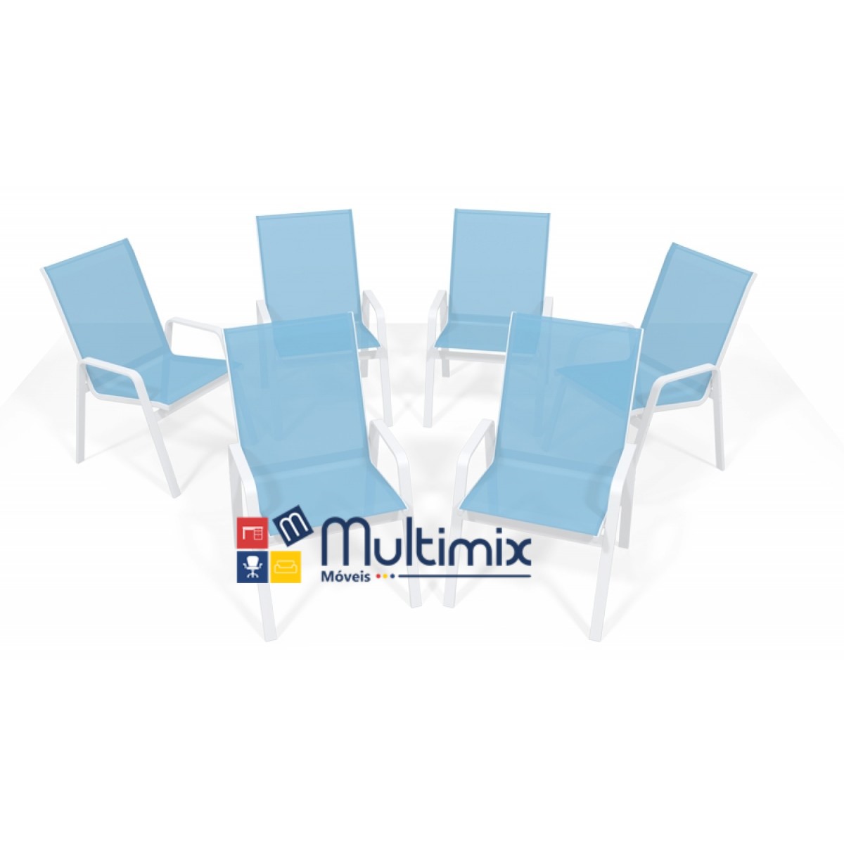 Kit Com 6 Cadeiras Para Piscina Summer - Alumínio Branco, Tela Sling Azul Claro | Empilhável