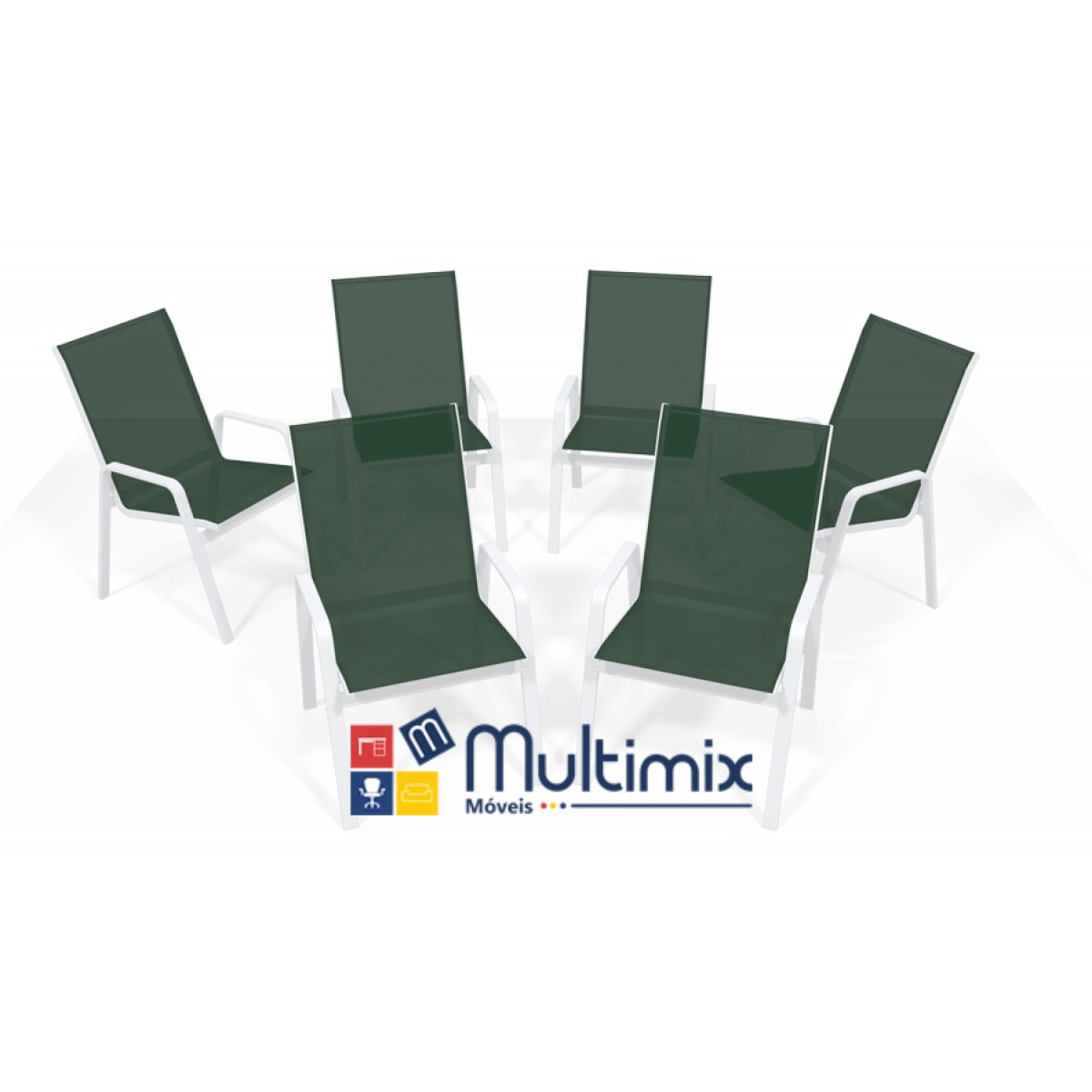 Kit Com 6 Cadeiras Para Piscina Summer - Alumínio Branco, Tela Sling Verde Escuro | Empilhável