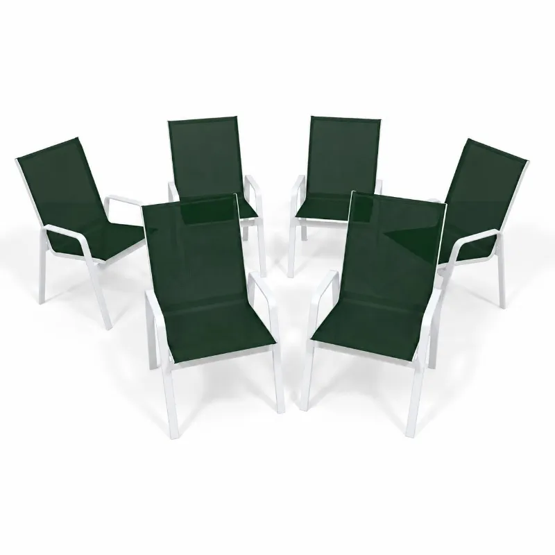 Kit Com 6 Cadeiras Para Piscina Summer - Alumínio Branco, Tela Sling Verde Escuro | Empilhável