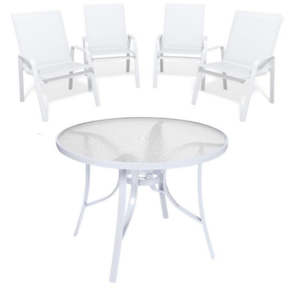 Conjunto Summer Alumínio Branco - Mesa Redonda ø 1,05m + 4 Cadeiras Tela Sling