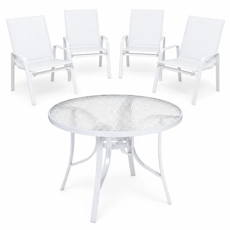 Conjunto Summer Alumínio Branco - Mesa Redonda ø 1,05m + 4 Cadeiras Tela Sling