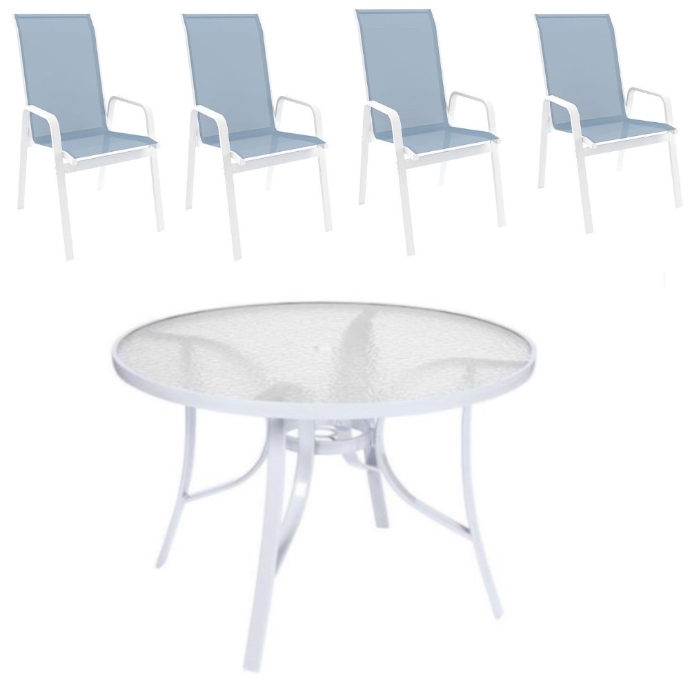 Conjunto Summer Alumínio - Mesa Redonda Branca ø 1,05m + 4 Cadeiras Tela Sling Azul Claro - Menor Preço Do Brasil