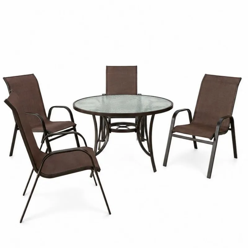Conjunto Summer Alumínio Marrom - Mesa Redonda ø 1,05m + 4 Cadeiras Tela Sling - Excelente Qualidade!