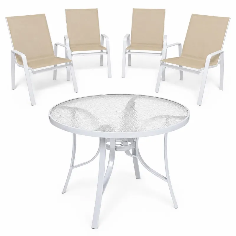 Conjunto Summer Alumínio Branco - Mesa Redonda ø 1,05m + 4 Cadeiras Tela Sling - Pronta Entrega!