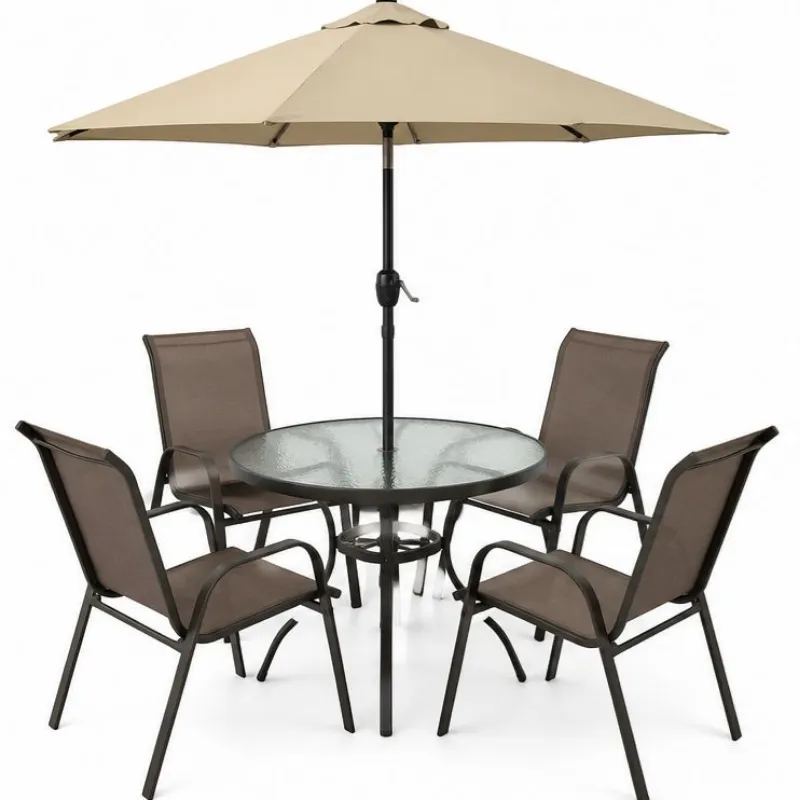 Conjunto Summer Alumínio Marrom - Mesa Redonda ø 1,05m + 4 Cadeiras Tela Sling + Ombrelone ø 2,30m - Menor Preço Do Brasil