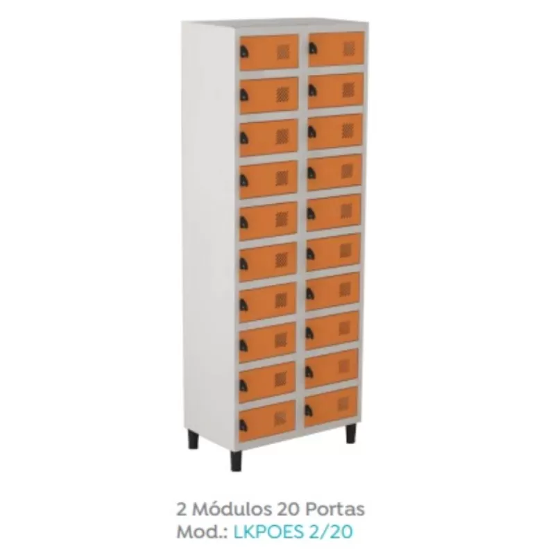 Locker em aço | Porta Celular e Objetos - 20 Portas | Fechadura Easylock - Pitão para cadeado, Cores Diversas